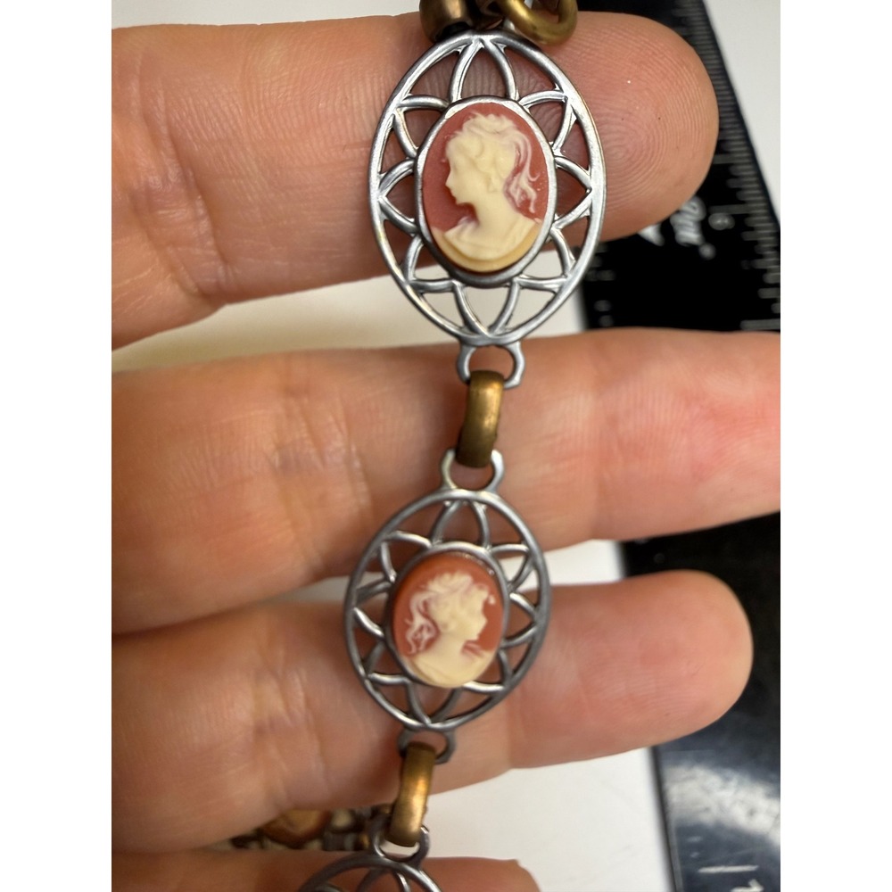 Vintage Mixed Metal Cameo Link Bracelet Silver Tone Brass Sunburst Frame 7.25in
